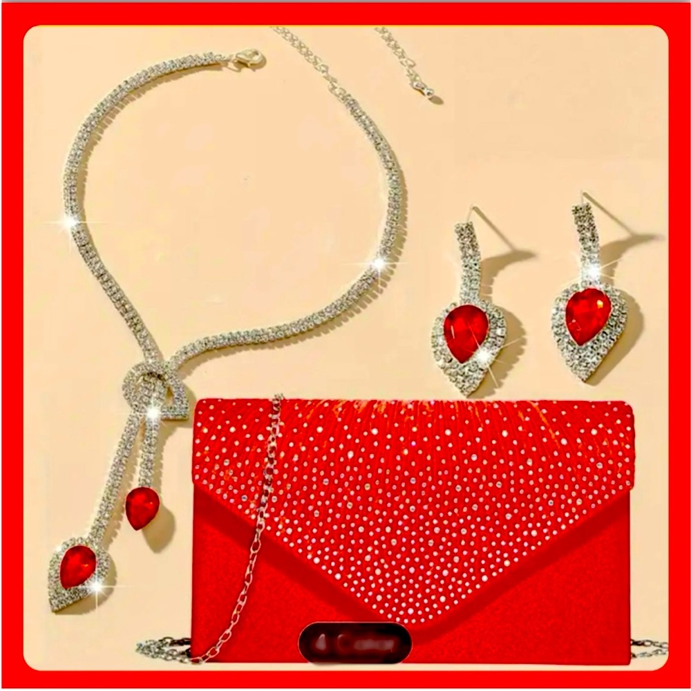 Red  Rhinestone Clutch with Necklace and Earrings